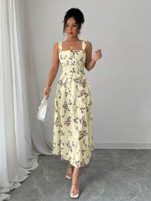 Elenzga Latest Spring/Summer Floral Print Elegant Waist Gathering Pleated Long Dress For Women - Yellow - View 6