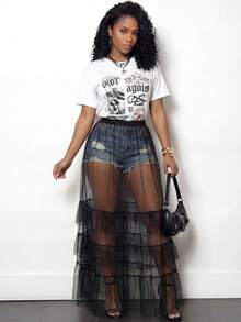 BamGleam 透视网纱层叠半身裙，多层黑色薄纱拼接透视罩衫半身裙，性感夜店派对街头风高腰长裙 - 黑色 - 查看 5