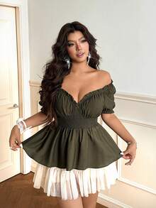 Vionelle Plus Size Sexy Off-Shoulder Ruffle Trim Blouse - Army Green - View 2