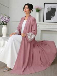 Al Najma Embroidered Beaded Long Sleeve Abaya For Women - Dusty Pink - View 6