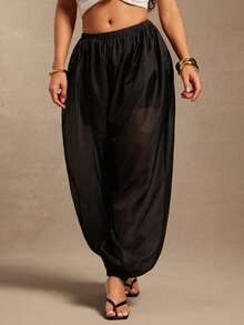 Vixey Sheer Chiffon With Partial Lining Adjustable Drawstring Waistband Balloon Shape Pants - Black - View 2