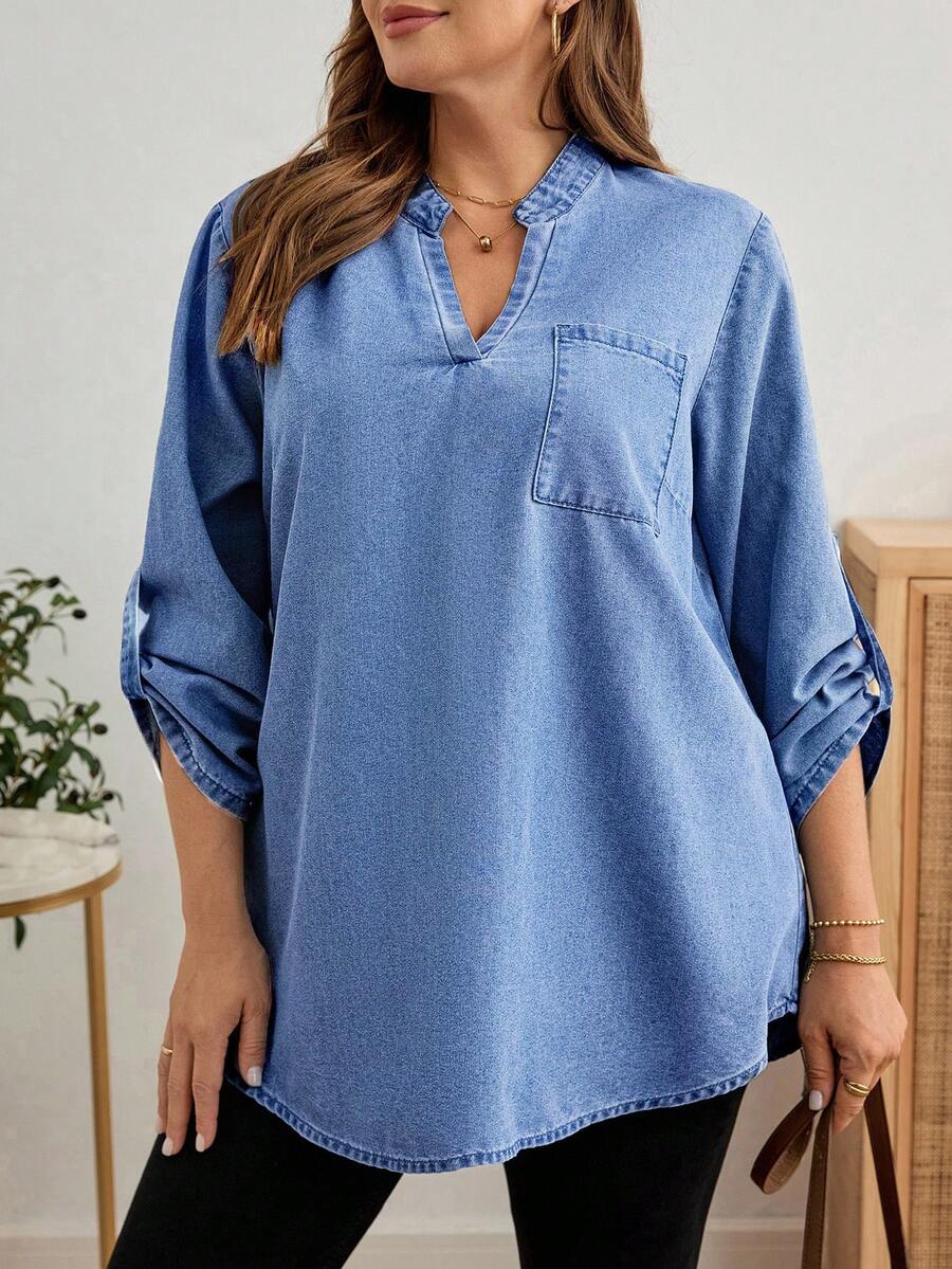 EMERY ROSE EMERY ROSE Plusstorlek Enfärgad Casual Långärmad Jeansskjorta - Mediumtvätt - Visa 1