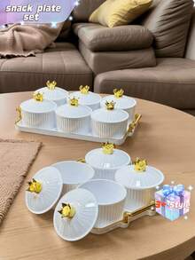 Satu set piring dan nampan camilan berdesain mahkota, sempurna untuk menyimpan camilan, permen, buah kering, dan kue; ideal untuk pernikahan dan acara-acara lainnya. - Putih - View 2