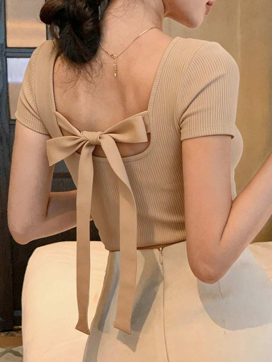 DAZY Women's Summer Backless Tie-Up Bow Sexy Casual Short Sleeve T-Shirt - Apricot - View 1