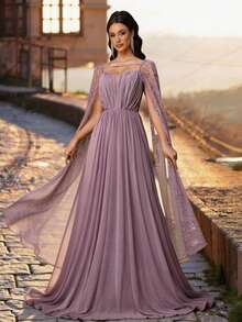 Aureia Elegante y lujoso vestido largo de sirena con hombros descubiertos, bordado con cuentas, con un cuello amplio y fluido, adecuado para festivales, bodas, galas, conciertos, eventos de negocios y ocasiones de influencers en redes sociales - Púrpura malva - Ver 1