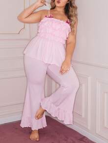 Slumberry CURVE Sweet Ins Style Bow Contrast Color Camisole Plus Size Pajama Set - Baby Pink - View 3