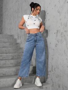 SHEIN ICON Jeans droits amples et décontractés bleu clair sans stretch pour grandes tailles - Jean bleu - Voir 6
