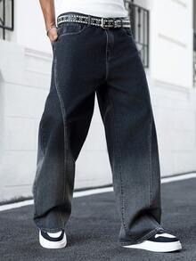 Manfinity EMRG Men's Fashion Casual Luxury Commuter Ombre Washed Design Straight Leg Wide Jeans - Black - View 7