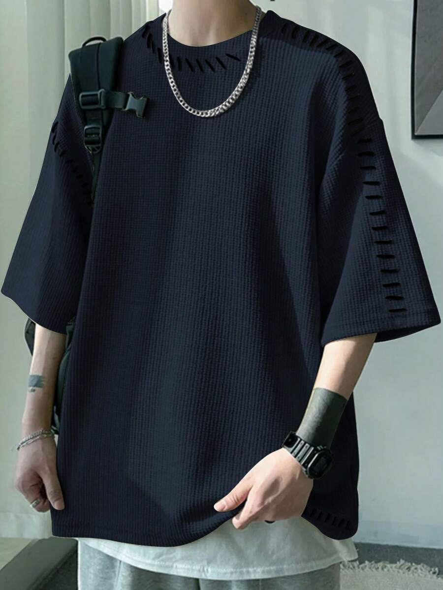Claim Dot 宽松男士纯色落肩T恤 - 藏蓝色 - 查看 1