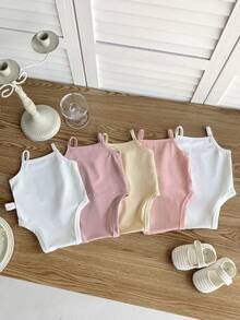 SHEIN Pelele de punto de unicolor lindo de verano para bebé recién nacida, multicolor - Rosa - Ver 7