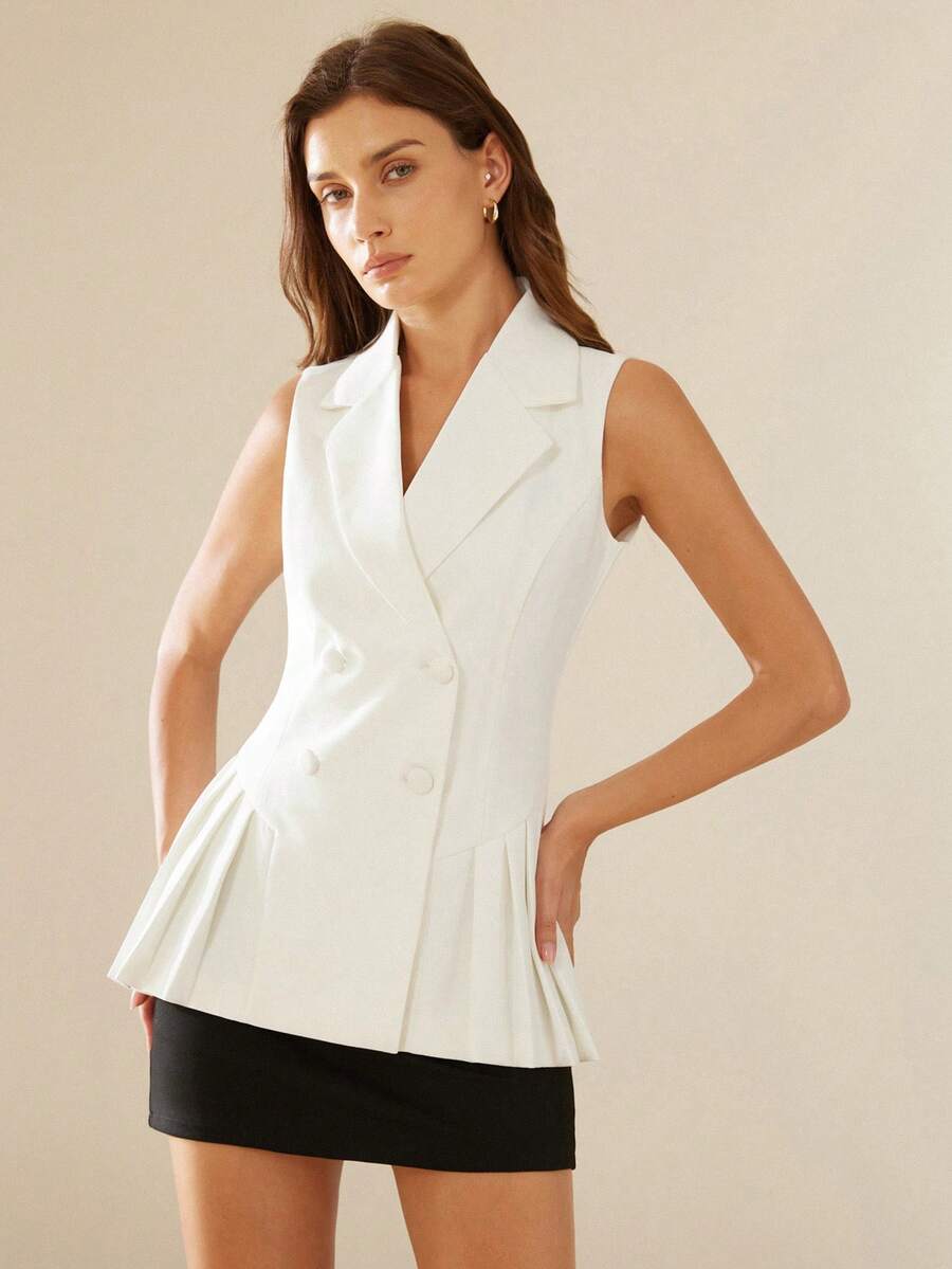 Aveloria Rosie 新款优雅职业女士无袖翻领褶裥下摆薄款马甲外套 - 白色 - 查看 1