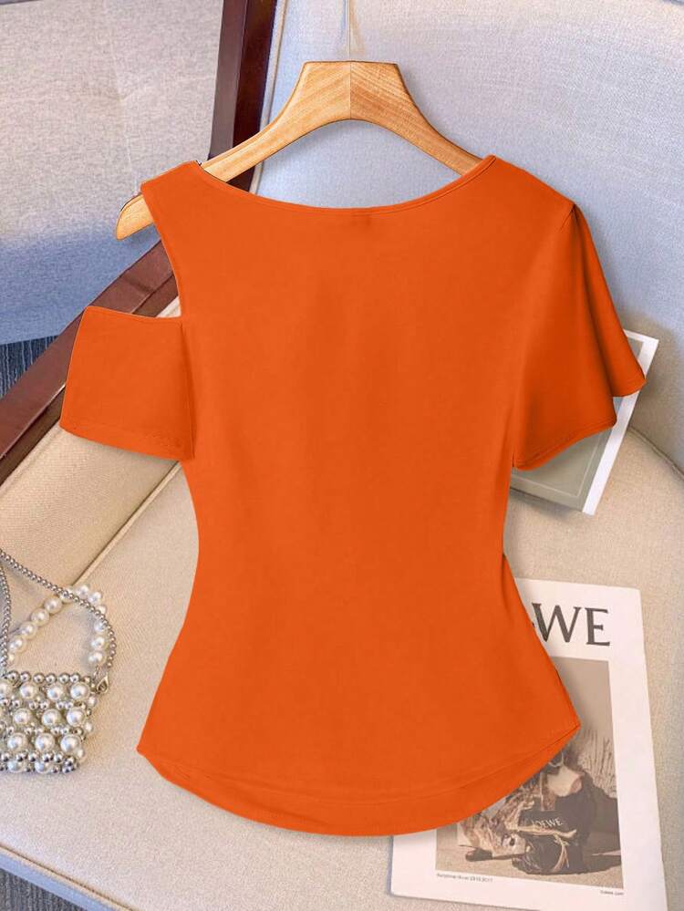 GlowEve CURVE Camiseta de manga corta con lazo y decoración de color contrastante para mujer talla grande - Naranja - Añade 2