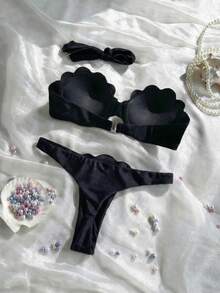 Swim Mod 两件套花瓣拼接硬杯可拆卸肩带纯色性感比基尼套装，黑色配黑色罩杯 - 黑色 - 查看 2