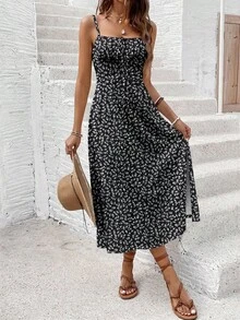 SHEIN Frenchy Women's Casual Vacation High Slit Mid-Length Dress, Ditsy Floral Dress, Women's Summer Outfit, Women's Vacation Outfit - Multicolor - View 6