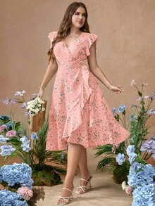 Roveilla Vestido de tejido con ajuste de cintura y vuelo, con mangas con volantes y estampado floral diminuto - Rosa - Ver 8