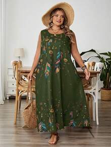 SHEIN CURVE+ 大码女式无袖印花连衣裙，夏季、假日、秋季、冬季服装，CURVE PLUS - 橄欖綠 - 查看 7