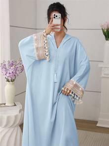 SHEIN Najma Đầm kiểu Ả Rập dành cho nữ, có mũ trùm đầu, dây buộc ren, tay áo cánh dơi và tua rua ở gấu đầm. - Màu xanh lam - Xem 8