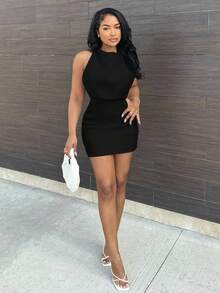 Alexandranx 纯色露背吊带连衣裙派对 - 黑色 - 查看 4