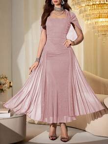 Modelyn Vestido largo ajustado con mangas de chal sin tirantes de malla elegante y hilo brillante para mujeres, /otoño - Rosa Pálido - Ver 7