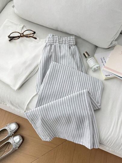 Elamini 1pc Women's Vintage Conservative Waist Tie Elastic Waist Striped Loose Straight Leg Pants, Suitable For Home, Daily, School, Office, Travel, All Seasons, Black & White
