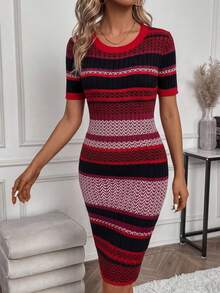 SHEIN Vestido corto de mujer con cuello redondo, ajustado y con rayas retro - Multicolor - Ver 3