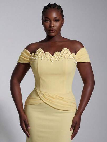 Elitara Vestido elegante y romántico de talla grande con cuello asimétrico, hombros abiertos, cintura fruncida y bajo de sirena, adecuado para bodas, fiestas, celebraciones y eventos formales, para novia y dama de honor