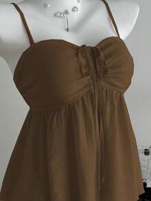 Sweetra Top de tirantes plisado de unicolor rosa para mujer, ideal para el verano - Marrón - Ver 6