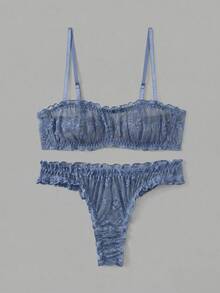 lacRébo Lilac Lace Ruffle Lingerie Set With Bandeau Bra And Matching Panties Sexy Chic - Blue - View 8