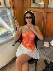 Aloruh 休闲性感度假风女士夏威夷芙蓉花印花不对称下摆抹胸上衣，女士沙滩装，夏季假期，女士度假装，女士度假上衣，沙滩装，音乐节 - 彩色 - 查看 2