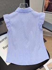 GlowEve Women's Summer Casual Vacation Striped Floral Embroidery Ruffle Armhole Blouse - Blue - View 2