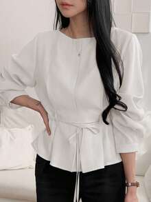 DAZY Elegante formelle Sommerbluse für Damen Einfarbig mit Gürtel und langen Ärmeln - Weiss - Übersicht 1