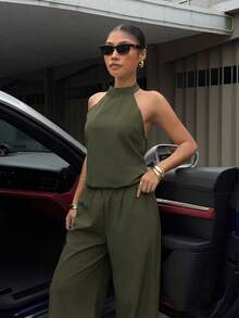 Muchica 女士夏季新款军绿色吊带背心搭配灯笼裤休闲度假套装，适合外出、街头穿搭、Y2K风格 - 軍綠色 - 查看 4