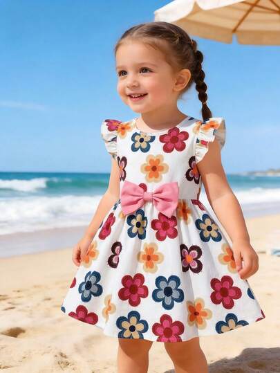1pc 6 Months To 2-3 Years Old Girls Floral Print + Bow Decor Puff Sleeve Lightweight Dress, Cute Countryside/Energetic Girl Style, Suitable For Daily Wear, School, Birthday Party, Picnic, Children's Day, Spring/Summer/Autumn