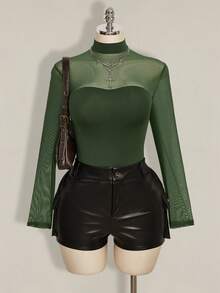 SHEIN ICON Plus Size Y2K Sexy Mesh Patchwork Bodysuit - Green - View 7