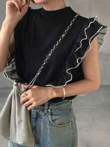 FRIFUL Women's Turtleneck Ribbed Tank Top With Mesh Ruffle Trim Sleeveless Patchwork T-Shirt Summer - Black - View 6