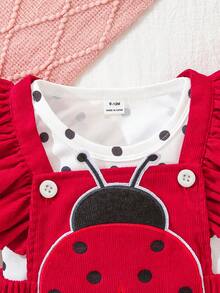 SHEIN Playful Pals Bộ đồ 2 món dễ thương cho bé gái, gồm áo liền quần và váy in hình côn trùng cùng băng đô, thích hợp cho mùa xuân/thu. - Đỏ - Xem 5