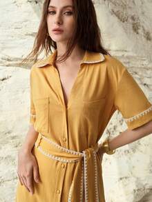 MOTF PREMIUM Đầm sơ mi ngắn tay thắt eo chất liệu pha lanh, thích hợp cho kỳ nghỉ xuân/hè. - Màu vàng - Xem 4