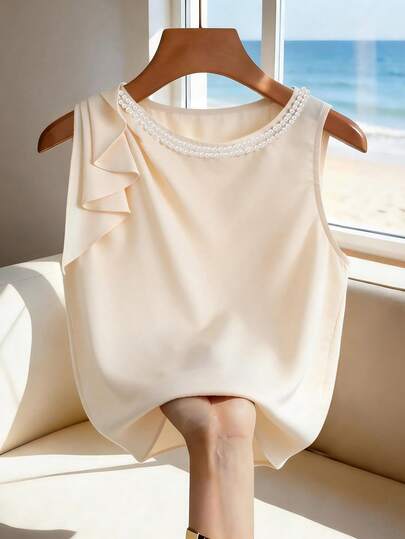 Franclia Women's Sleeveless Pearl Strap Blouse