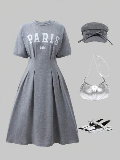 休闲都市韩风收腰针织字母印花美式连衣裙，适合外出和居家穿着，年轻女性适用。