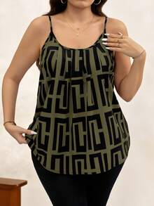 Chikora Atasan Camisole Kasual Motif Geometris untuk Wanita Ukuran Besar - Hijau Tentara - View 6