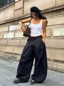 Coolane 女士夏季街头风外出休闲装，饰有独特织带细节和编织面料的红色长裤 - 黑與白 - 查看 6