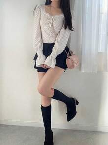 FRIFUL Áo thun dài tay nữ in chấm bi, thắt nơ phía trước - trắng - Xem 6