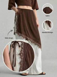 Ontre Chân váy nữ bất đối xứng, vạt xòe, phối ren tương phản, thắt eo bên hông. - màu nâu - Xem 1