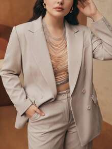 Anewsta 大码女式新款都市时尚纯色专业通勤百搭翻领长袖西装外套 - 駝色 - 查看 2