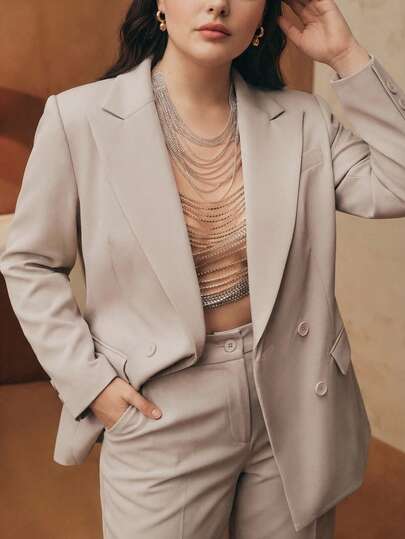 Anewsta Plus Size Women's New Urban Chic Solid Color Professional Commuter Versatile Lapel Long Sleeve Blazer