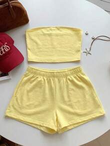 Comfortcana Bộ đồ nữ màu vàng mù tạt trơn, gồm áo và quần short, thích hợp cho mùa xuân/hè. - Màu vàng ngỗng - Xem 5