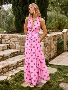 KARISMINA Abito a costine e rete a pois con schiena scoperta, adatto per vacanze primaverili ed estive. Abiti a pois per donne, abbigliamento da resort, abiti da donna per vacanze, abiti da picnic, abiti estivi lunghi per donna. - Rosa - Visualizzare 3