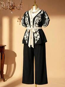 Rometta Bộ 2 món áo thun cổ chữ V thắt nơ eo đi nghỉ mát thường ngày và quần short, mùa hè - màu đen - Xem 4