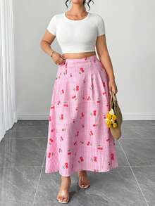 Elenzga Plus Size Women Cute Cherry Print Versatile A-Line Skirt - Multicolor - View 8