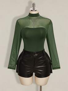 SHEIN ICON Plus Size Y2K Sexy Mesh Patchwork Bodysuit - Green - View 1